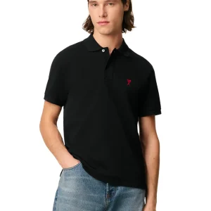AMI Paris 'Ami de Coeur' Polo Shirt in Black