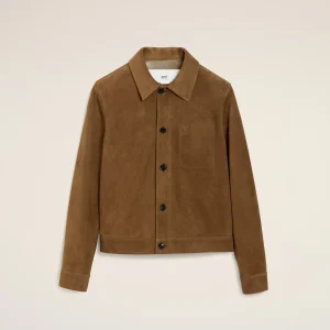 AMI Paris Brown Leather Ami De Coeur Buttoned Jacket